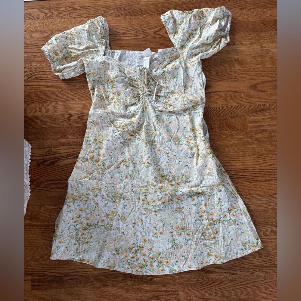 H&M Cream Dress with Yellow Floral Print and Green Leaves